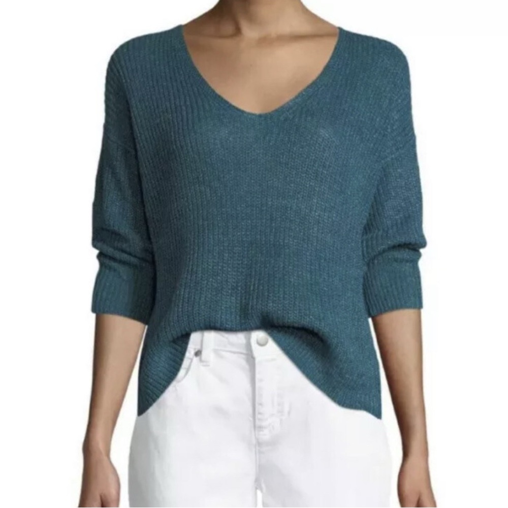 Eileen Fisher Women’s 3/4 Sleeve Linen Knit V-Neck Sweater Teal Sz XS OVERSIZED